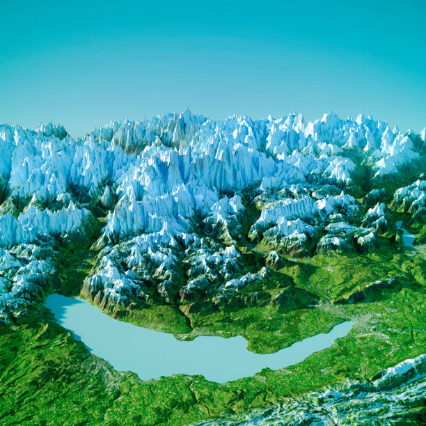 3D Render of a Topographic Map of the Lake Geneva in Switzerland.  \nAll source data is in the public domain.\nRelief texture: NASADEM data courtesy of NASA JPL (2020).\nhttps://doi.org/10.5067/MEaSUREs/NASADEM/NASADEM_HGT.001\nColor and Water texture: Contains modified Copernicus Sentinel data courtesy of ESA. \nURL of source image: https://scihub.copernicus.eu/dhus/#/home.