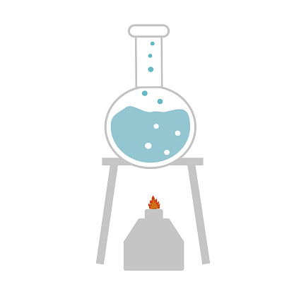 The picture of science experiment that shows the target substance in round-bottom flask were inducing the chemical reaction with heat from alcohol burner, and the substance were boiling.