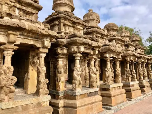 Sandstone carved pillars of animal sculptures found in the ancient Kanchi Kailsanathar temple in Kanchipuram, Tamilnadu, India.