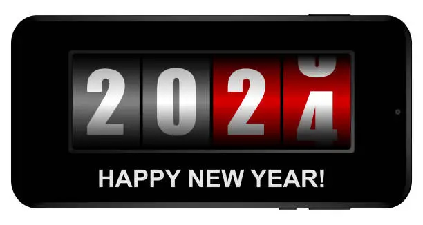 Vector illustration of Happy new year 2024 vector illustration with counter on phone screen