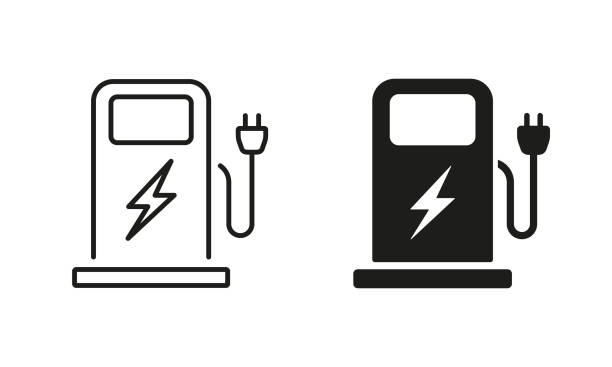 ilustrações de stock, clip art, desenhos animados e ícones de electric station for vehicle car line and silhouette icon set. charger with plug for electrical power auto symbols. charge station for green energy automobile. isolated vector illustration - gasoline electricity biofuel car