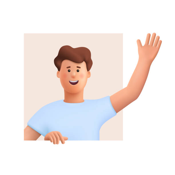 ilustrações de stock, clip art, desenhos animados e ícones de young smiling man with greeting gesture, saying hello, hi or bye and waving with hand. 3d vector people character illustration. cartoon minimal style. - friendly match