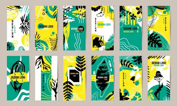 Vector illustration of Abstract tropical plant banners. Modern pastel grunge flyers design. Exotic nature leaves posters, messy brushed textures neoteric vector cards