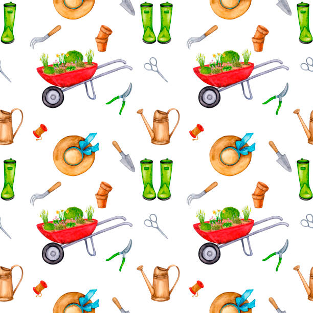 bildbanksillustrationer, clip art samt tecknat material och ikoner med seamless gardening pattern with colorful illustrations of flowers in a wheelbarrow, a watering can, rubber boots and a gardening tool. repeated background for wrapping, textile, wallpapers, stationery, etc. - skräpig trädgård hus