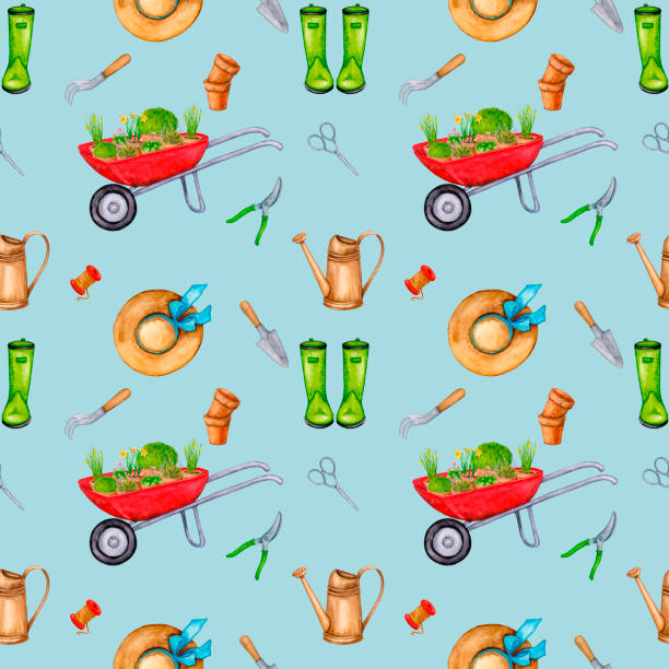 bildbanksillustrationer, clip art samt tecknat material och ikoner med seamless gardening pattern with colorful illustrations of flowers in a wheelbarrow, a watering can, rubber boots and a gardening tool on a blue background. repeated background for wrapping, textile, wallpapers, stationery, etc. - skräpig trädgård hus