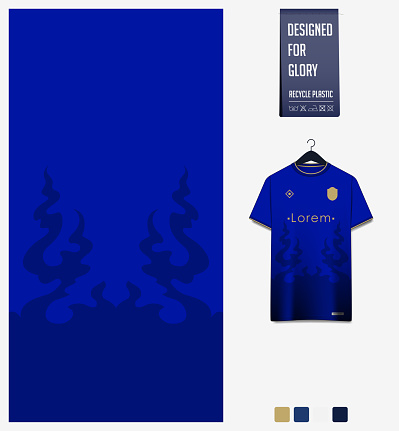Soccer jersey pattern design. Fire pattern on blue background for soccer kit, football kit, bicycle, e-sport, basketball, t shirt mockup template. Fabric pattern. Abstract background. Vector Illustration.