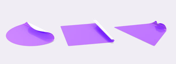 istock Purple stickers with peel off corners 3d render. Realistic set of empty round, square and triangle sticky tags, glued paper adhesive labels with flip edge isolated on white background 1472098747