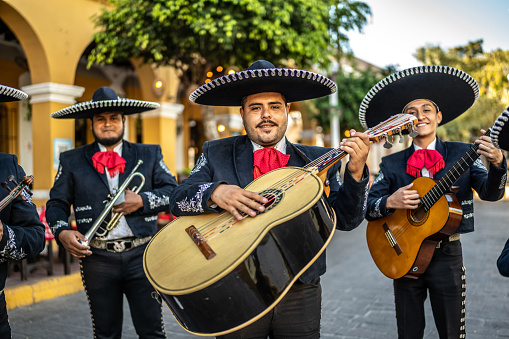 Portrait of group of traditional mariachis at the historic district