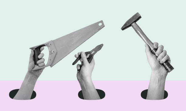 istock Art collage of hands with tools on a surrealistic background. 1472101654