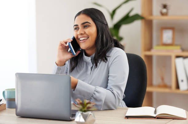 Phone call communication, laptop and woman talking, networking chat and working for ecommerce business. Secretary receptionist, notebook or event planner with mobile planning corporate company event