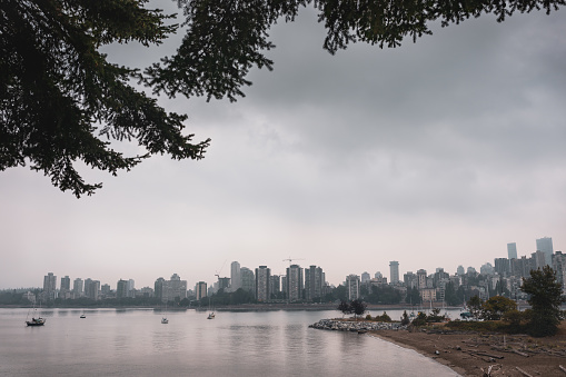Looking at Vancouver city from Vanier Park on a gloomy weather, British Columbia, Canada