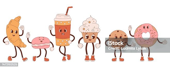 istock Retro characters confectionery and coffee to go. Cute cartoon sweet croissant, cupcake, donut, chocolate chip cookies and macaron. Vector illustration. Isolated collection desserts in nostalgic style. 1472102525