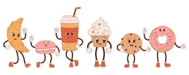 Vector illustration of Retro characters confectionery and coffee to go. Cute cartoon sweet croissant, cupcake, donut, chocolate chip cookies and macaron. Vector illustration. Isolated collection desserts in nostalgic style.
