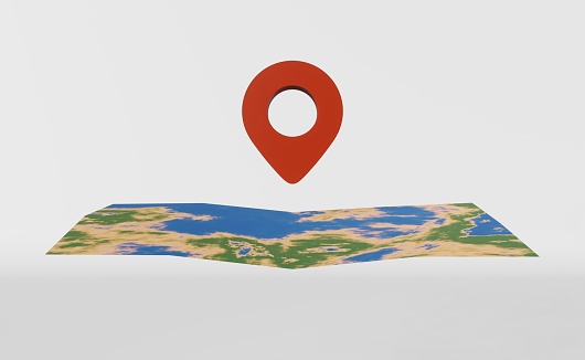 Map with geolocation pin point 3d rendering banner. Red location marker. Travel rout transportation site advertising. Summer vacation tropical island Traveler GPS navigation Airport flight sea journey