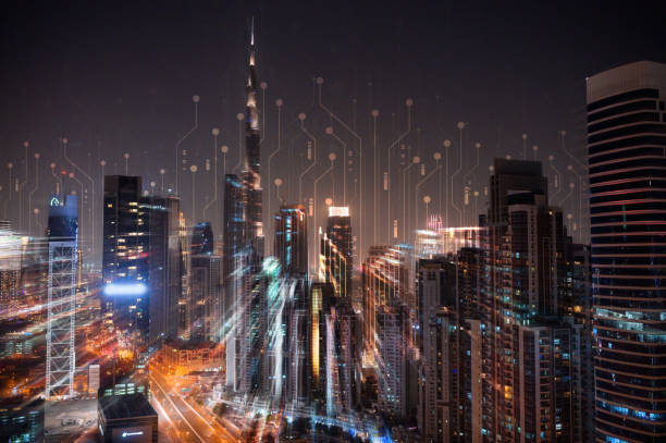 istock Holograms of circuit board lines on skyline at night 1472104426