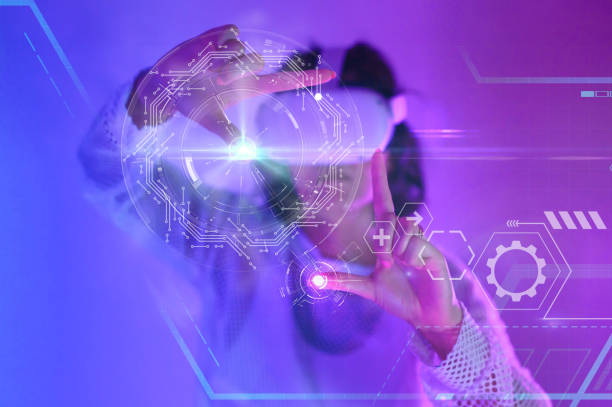 Fingers of woman touching holograms of circles and mechanism on digital virtual screen