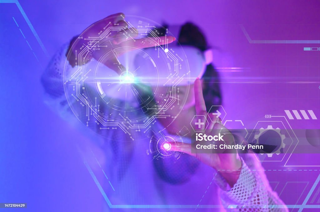 Close-up of fingers touching holograms on digital virtual screen Fingers of woman touching holograms of circles and mechanism on digital virtual screen Technology Stock Photo