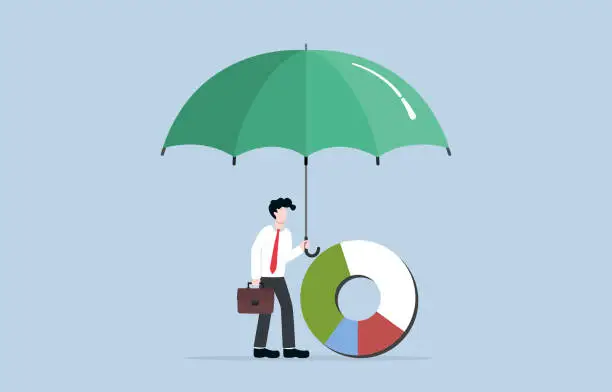 Vector illustration of Careful management of investment portfolio, diversification, regular monitoring, and making informed decision based on market trend concept, Businessman spreading umbrella to cover pie chart.