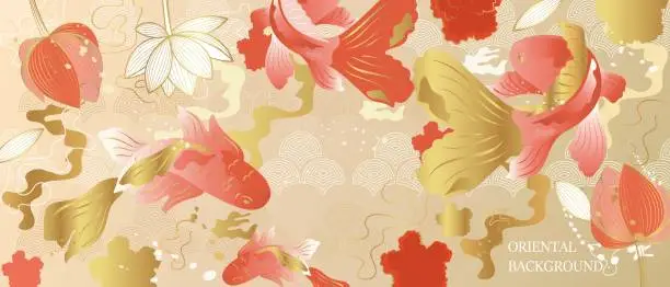 Vector illustration of Vector poster with a Japanese theme. Line art style. Koi carps on the waves. Abstract art background vector