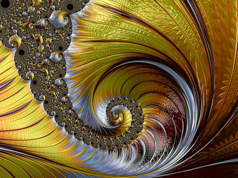 Wispy golden spirals pattern. Dynamic flowing natural forms. 3D illustration.