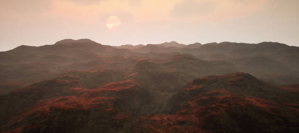 istock Rocky hills at sunrise with cloudy sky. 3D rendering. 1472106055