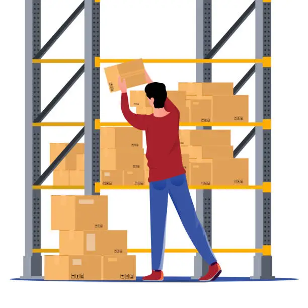 Vector illustration of Young man business worker on back view organizing packages at storehouse
