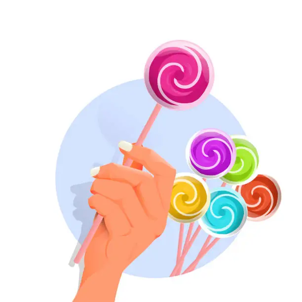Vector illustration of Colored sweet lollipops. Round candy on stick cartoon vector illustration.Hand Holding Multi Colored Candy Against White Background
