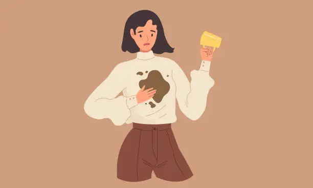 Vector illustration of Young woman accidentally spill coffee on her shirt.