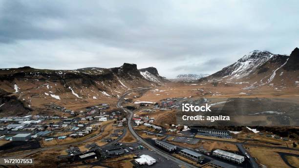 Drone View Of Vik Iceland And Its Famous Reyniskirkja Church On The Southern Coast On A Cloudy Snow Winter Day Stock Photo - Download Image Now