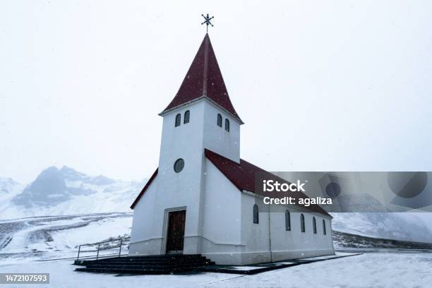 Reyniskirkja Church On The Southern Coast Of Vik Iceland On A Cloudy Snow Winter Day Stock Photo - Download Image Now