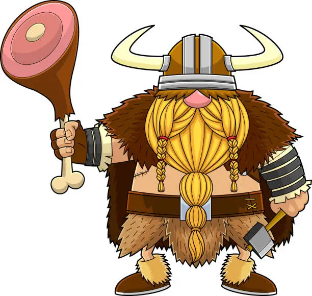 Vector illustration of Gnome Viking Warrior Cartoon Character Holding A Pork Leg And Axe