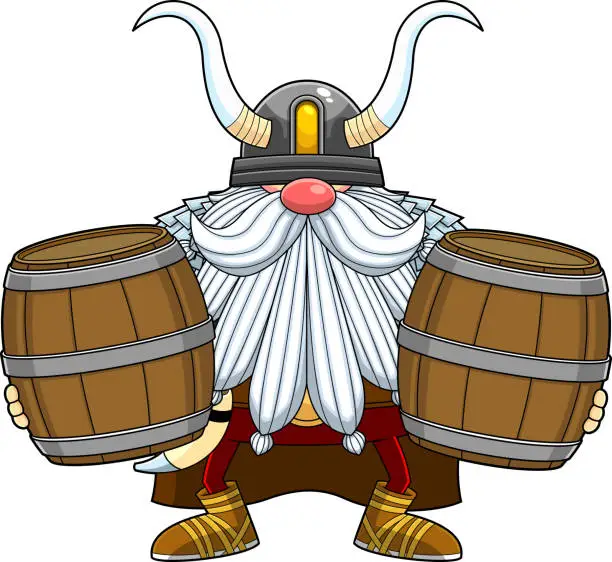 Vector illustration of Gnome Viking Warrior Cartoon Character Carry Two Wooden Barrels Of Beer