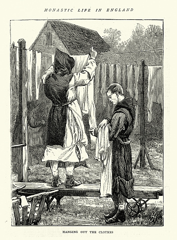 Vintage illustration Monks hanging out laundry on a washing line to dry, Monastic life in England, Victorian, 1870s, 19th Century