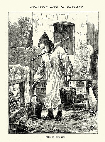Vintage illustration Monk feeding the Abbey's pigs, Shoulder yoke buckets of pig slop, Monastic life in England, Victorian, 1870s, 19th Century