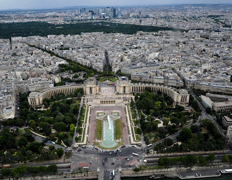 the trocadero in paris france, photographed from the top of the tour eiffel. during a hot summer day in August 2012