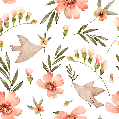 Seamless pattern with delicate flowers plants and birds. watercolor illustration hand painted.