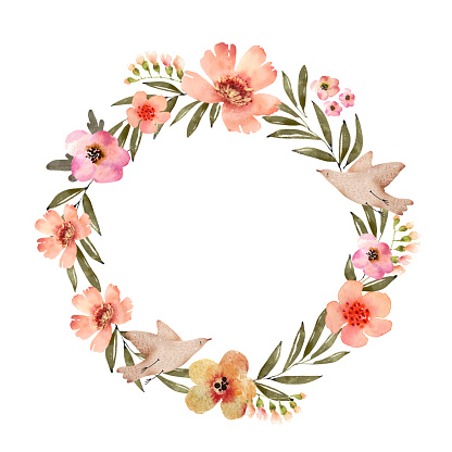 istock Round frame with delicate pink watercolor flowers, hand painted. 1472109776