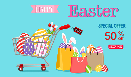 Easter sale banner vector illustration, colorfully pastel eggs and tulip flower in cart with bunny rabbit ears in shopping bag on blue background. Promotion of shop market mall poster, Easter holiday purchasing