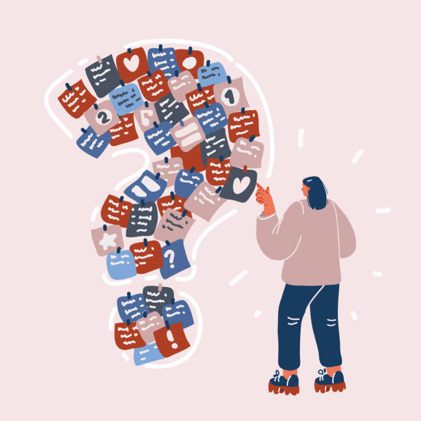istock Vector illuatration of woman with question marks on paper stickers on wall 1472110995