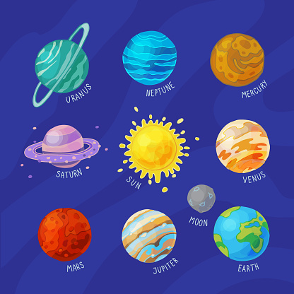 Planets of solar system cartoon set on dark vector image