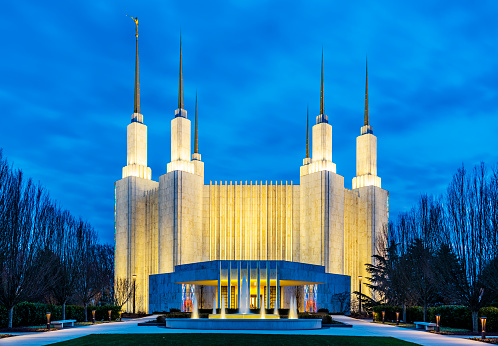 Kensington, Maryland, USA - February 22, 2023: The Washington D.C. Temple is a temple for the LDS church (The Church of Jesus Christ of Latter-day Saints). Also known as the Mormon church. It is located near Washington DC, USA in Kensington, Maryland.