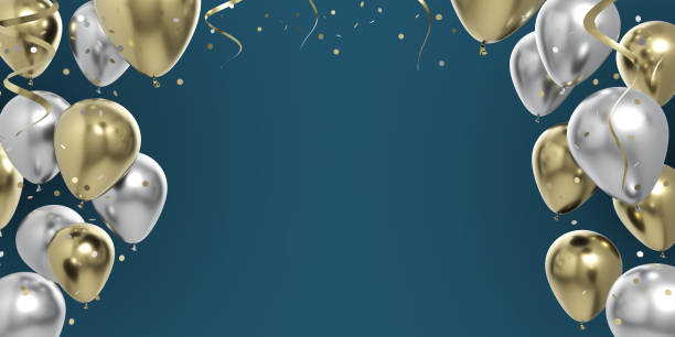 celebration gold silver balloons and confetti 3d