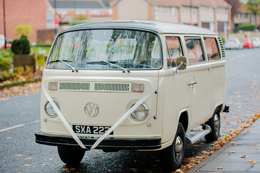 Northeast England: 5th Nov 2022: A VW campervan with ribbon ready for a wedding (Volkswagen camper van)