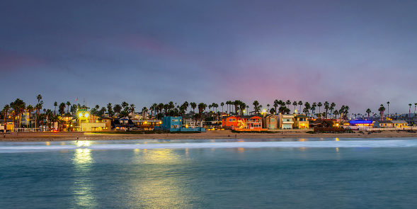 Colorful houses at night on Imperial beach in San Diego, California