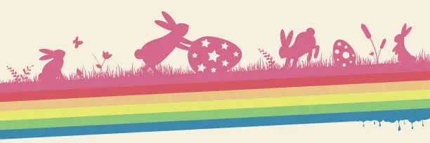 Vector illustration of Rainbow coloured Easter banner with bunnies and eggs