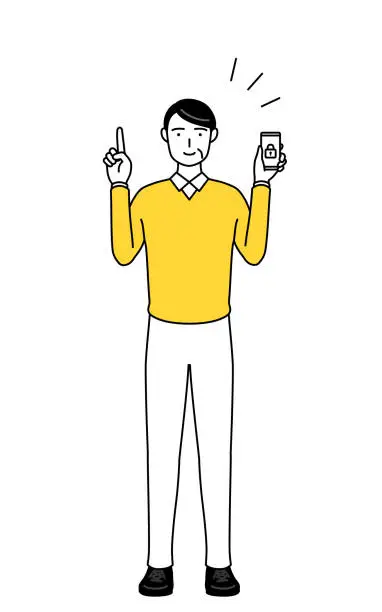 Vector illustration of Retired seniors, middle-aged man, taking security measures for her phone.