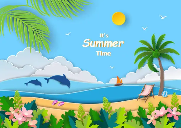 Vector illustration of Summertime concept with view of blue sea on paper cut and craft style