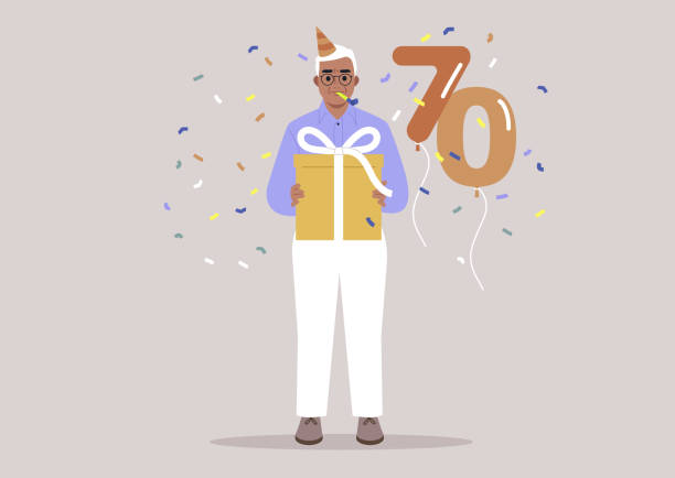 A senior male character wearing a party cone hat, a birthday celebration, confetti and garlands hanging, 70 years old A senior male character wearing a party cone hat, a birthday celebration, confetti and garlands hanging, 70 years old over the hill birthday stock illustrations