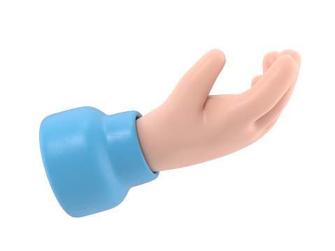 Cartoon Gesture Icon Mockup.Hand open and ready to help or receive.  Helping hand outstretched for salvation, 3D rendering on white background.