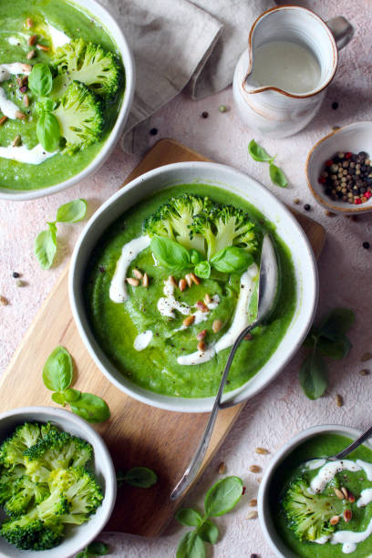 Tasty broccoli soup. Green soup. stock photo